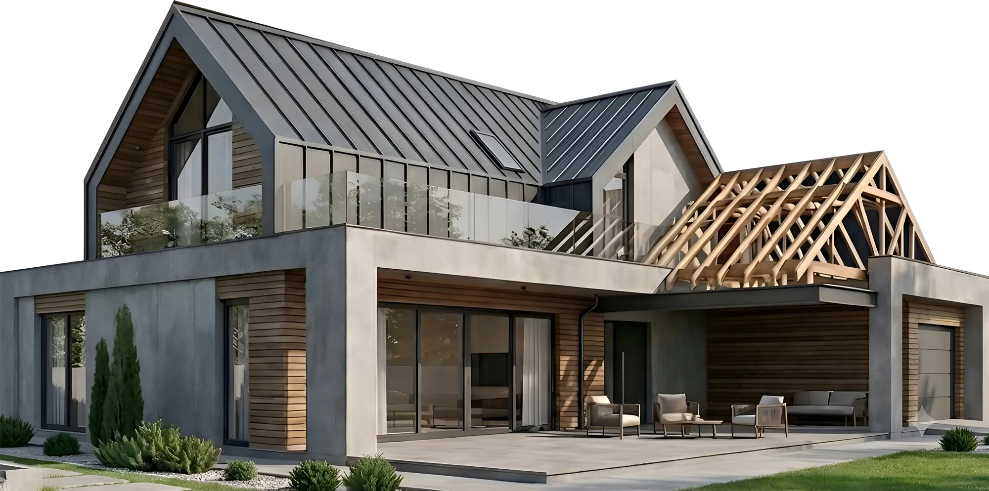 Modernes Einfamilienhaus mit fertig gedecktem Steildach aus Metall und offenem Holz-Dachstuhl im Rohbau. Steildach und Dachstuhlbau vom Dachdecker Thomas Bauer aus Visselhövede